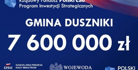 Grafika czeku dla Gminy Duszniki na kwotę 7 milionów 600 tysięcy zł.